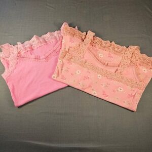2 Eyeshadow Pink & Floral with Lace Trim Cotton Camisoles Tank Tops Large Y2K